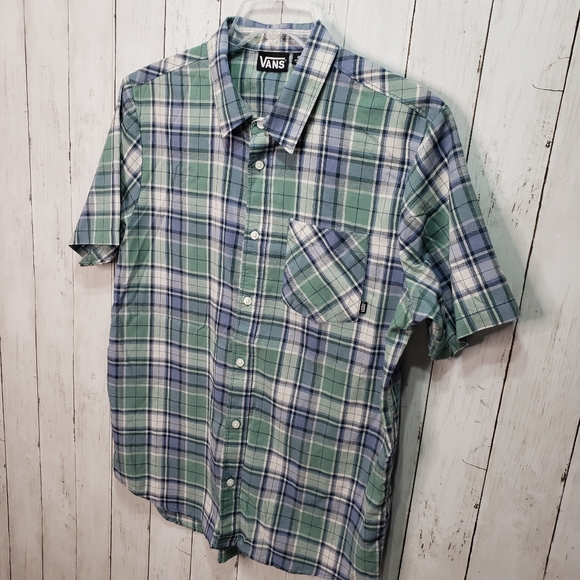 Vans Men's Blue Green Plaid Short Sleeve Cotton - Picture 2 of 6